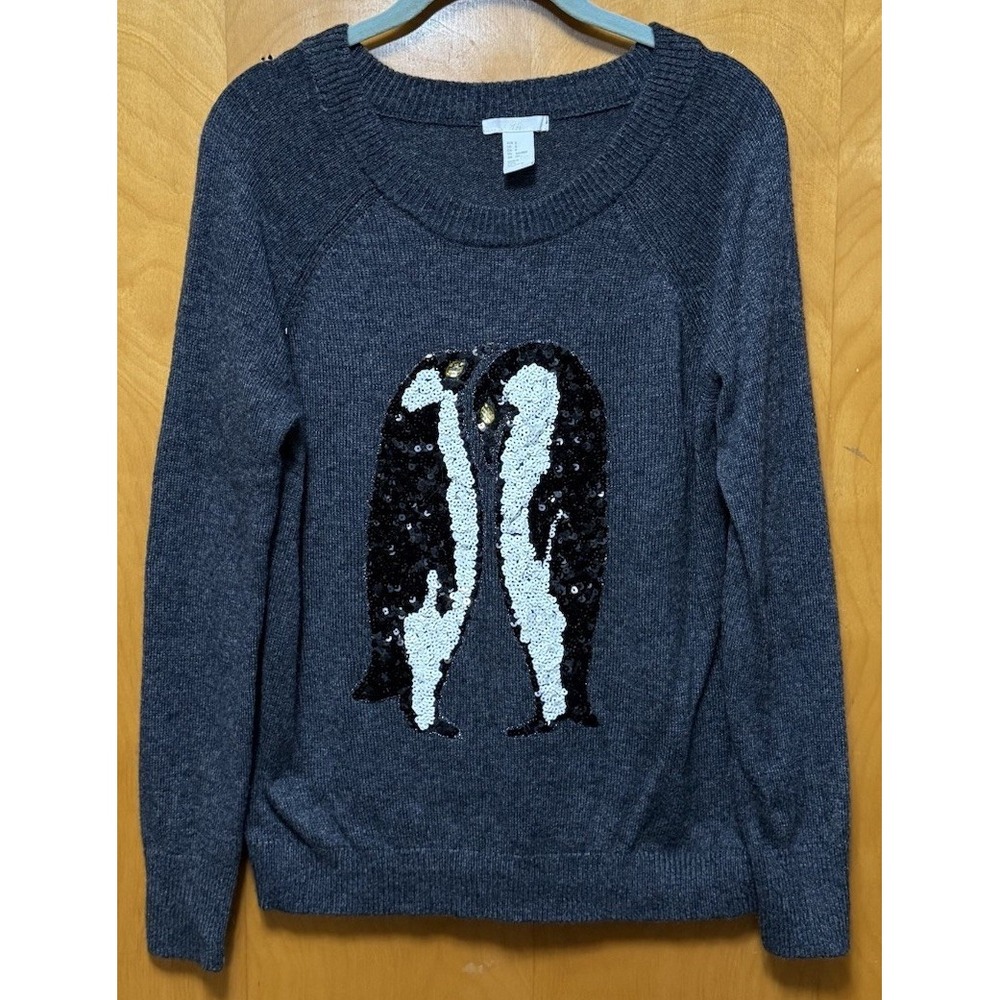 H&M Womens Alpaca Blend Sequin‎ Penguins Sweater Embellished Gray Sz Small